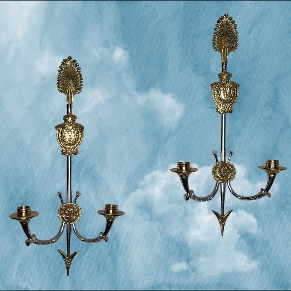 Pair of VTG Reproduction Neoclassical Empire Brass/Chrome 2 Arm Candle Holders
